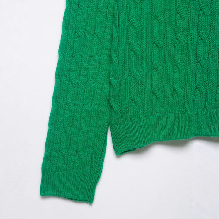 Damen Grobgestrickter Zopfstrick-Pullover mit V-Ausschnitt und kurzem Boxy-Schnitt Echoarchiv
