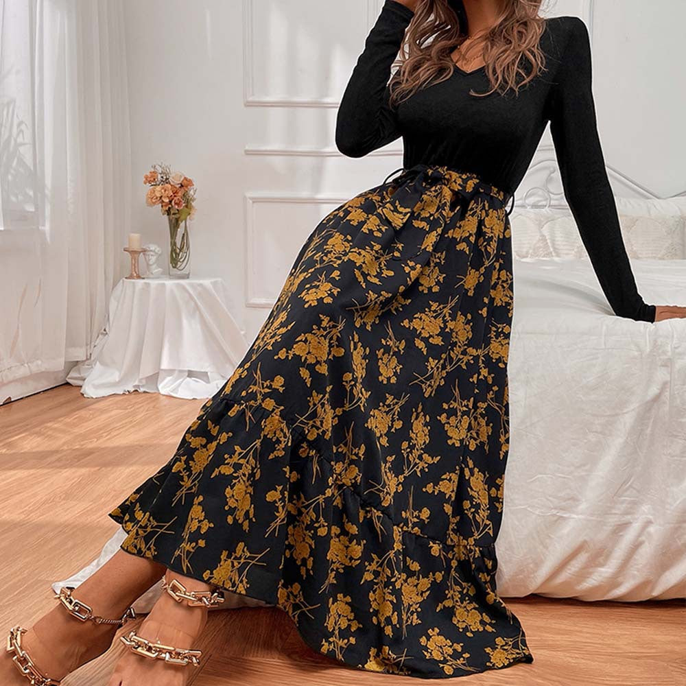 Damen figurbetontes V-Neck-Longsleeve Oberteil mit voluminösem Midi-Rock im floralem Wickelstil – Élara