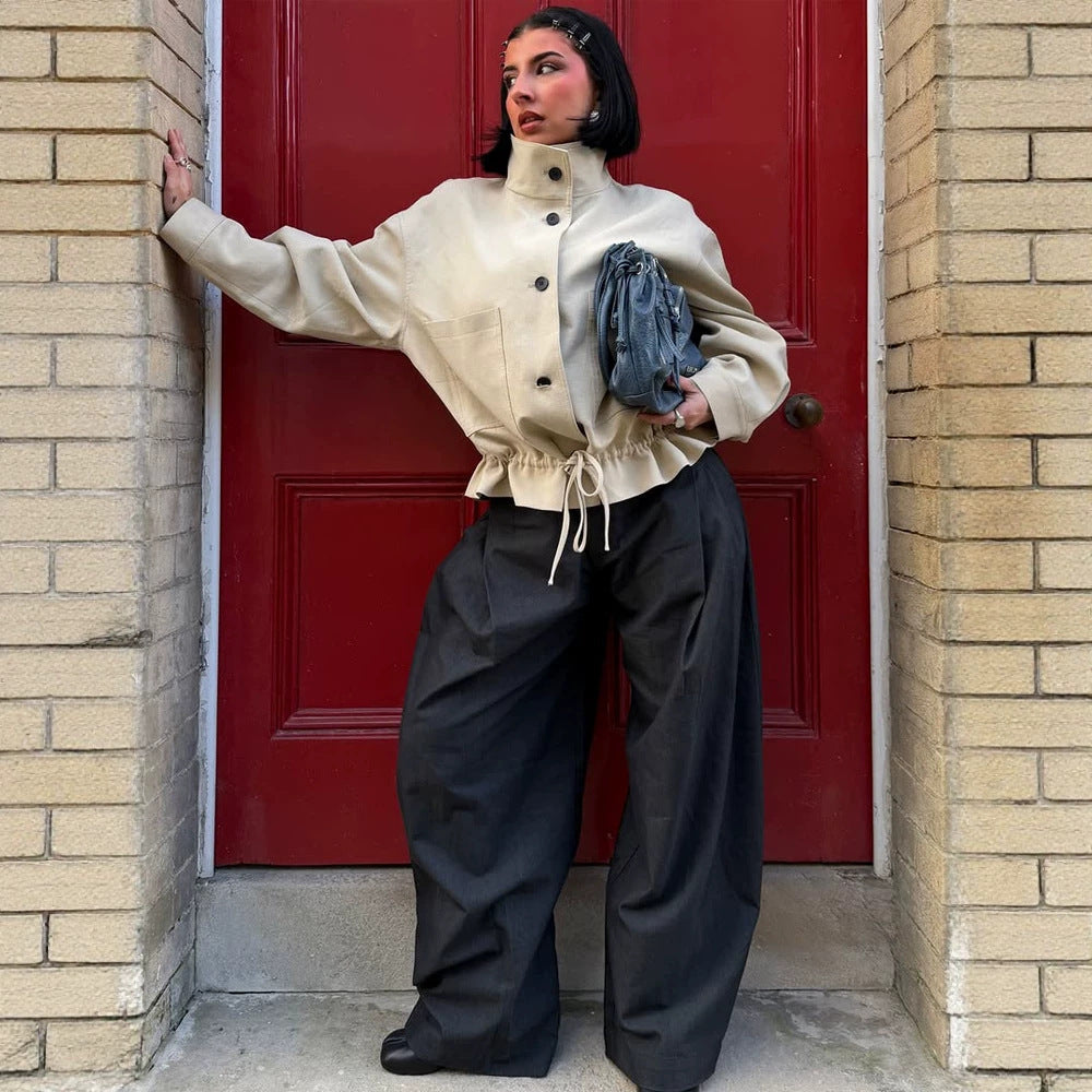 Damen Kurzgeschnittener Oversize-Canvas-Blouson mit Stehkragen Echoarchiv