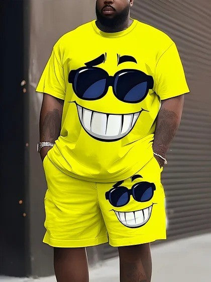 Herren nan lässiges Freizeit-Zweiteiler-Set mit großflächigem Smiley-Sonnenbrillen-Print Echo Archiv