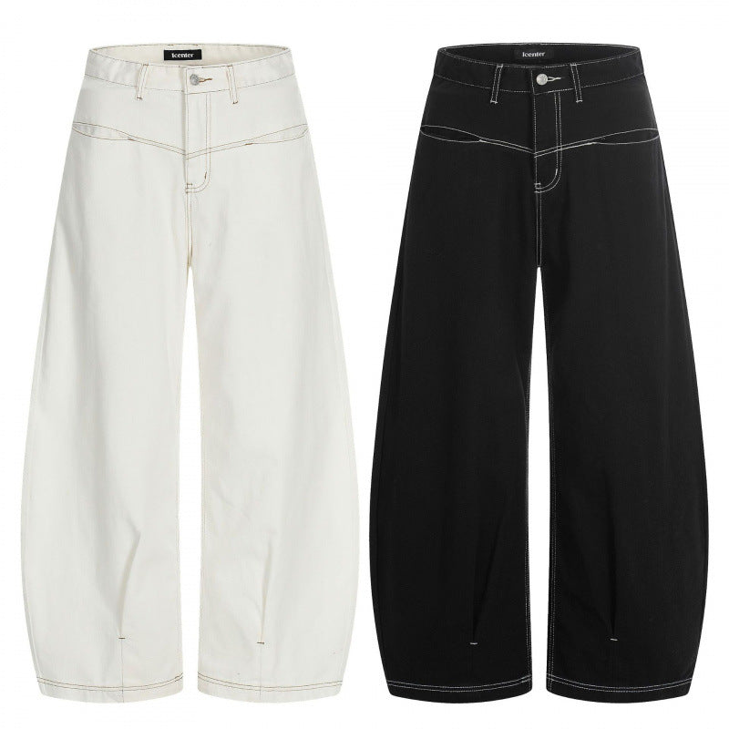 Damen Weite Cropped Ballon-Jeans mit hohem Bund und sichtbaren Kontrastnähten Echo Archiv