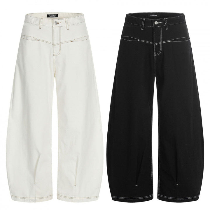 Damen Weite Cropped Ballon-Jeans mit hohem Bund und sichtbaren Kontrastnähten Echo Archiv