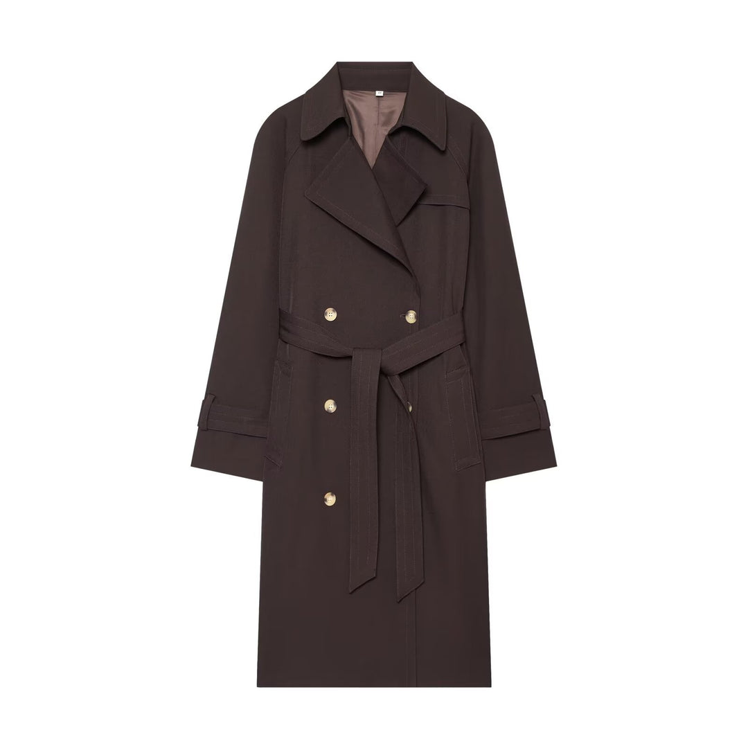 Damen langer zweireihiger Trenchcoat mit Bindegürtel und Raglanärmeln Echo Archiv