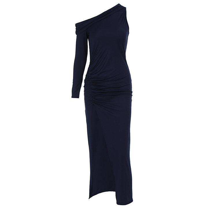 Damen figurbetontes Maxikleid mit asymmetrischem Ausschnitt und eleganten Rüschendetails Echo Archiv