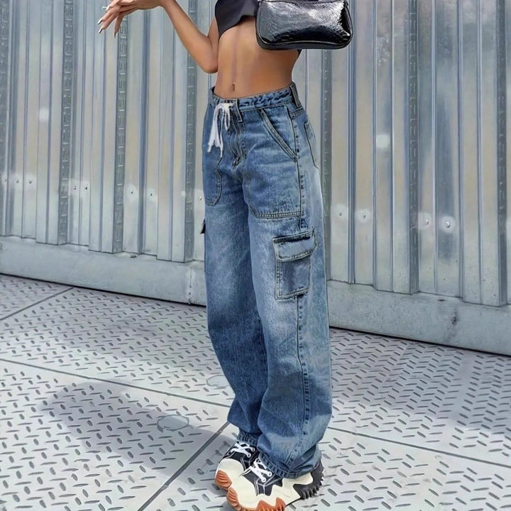 Damen Cargo-Jeans im Baggy-Look mit hoher Taille, Tunnelzug und aufgesetzten Pattentaschen Echo Archiv
