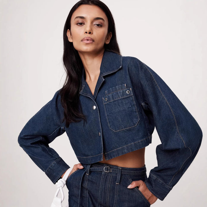 Damen nan Cropped-Denim-Zweiteiler mit kurzer Jeansjacke und tailliertem Minirock Echo Archiv