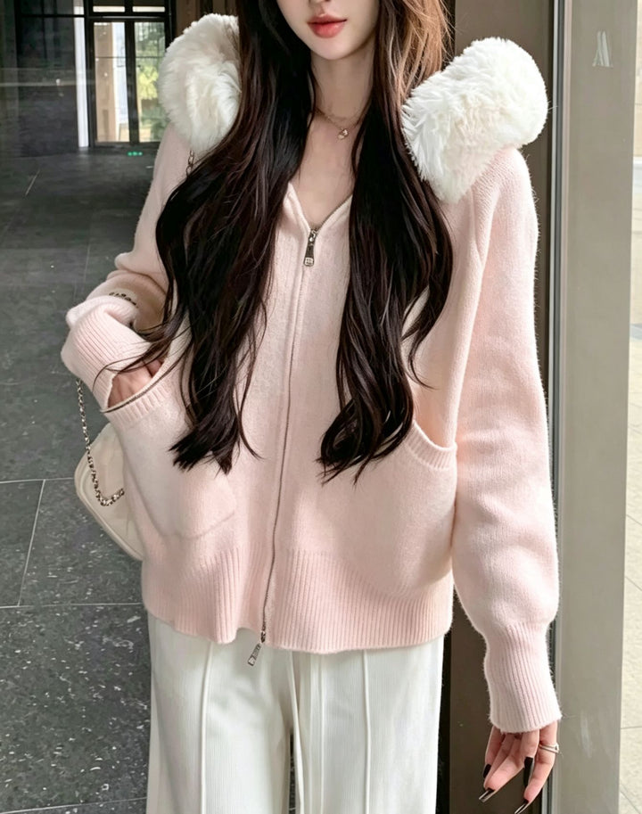 Damen Kapuzenjacke mit Fake-Fur-Kragen und durchgehendem Reißverschluss – Avérine