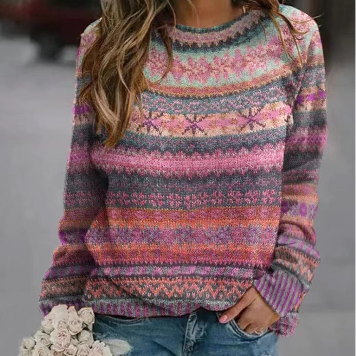 Damen gemusterter Strickpullover mit Rundhalsausschnitt, Fair Isle Muster und lässigem Oversized-Schnitt Echoarchiv