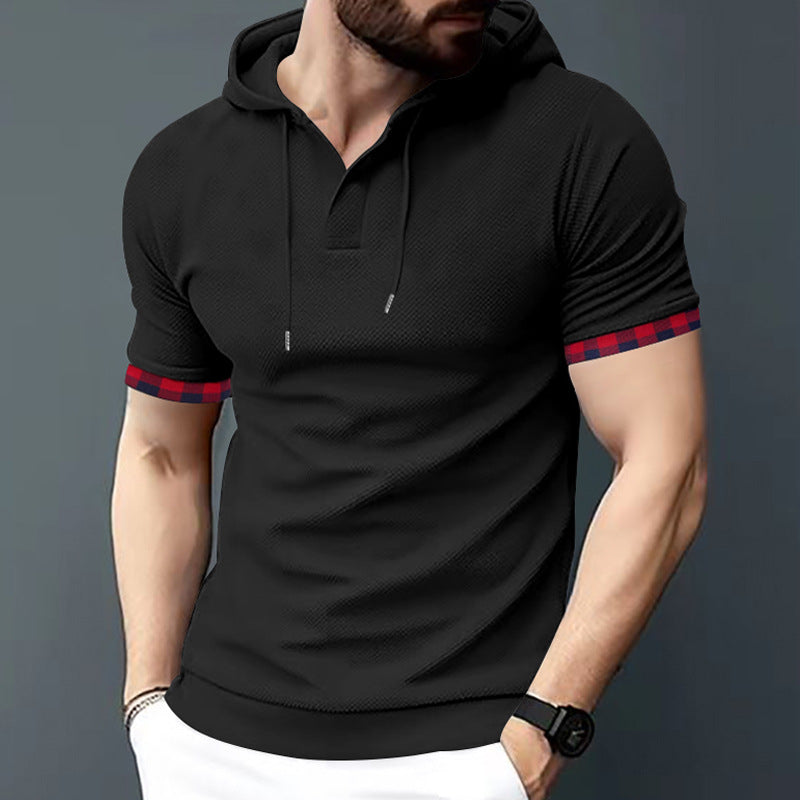 Herren nan figurbetontes Kurzarm-Kapuzenpoloshirt mit Henley-Blende und Kordelzug Echo Archiv