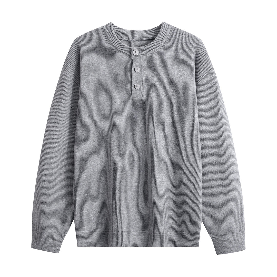Unisex Oversize Rippstrick-Henley-Pullover mit 3‑Knopf-Leiste Echoarchiv