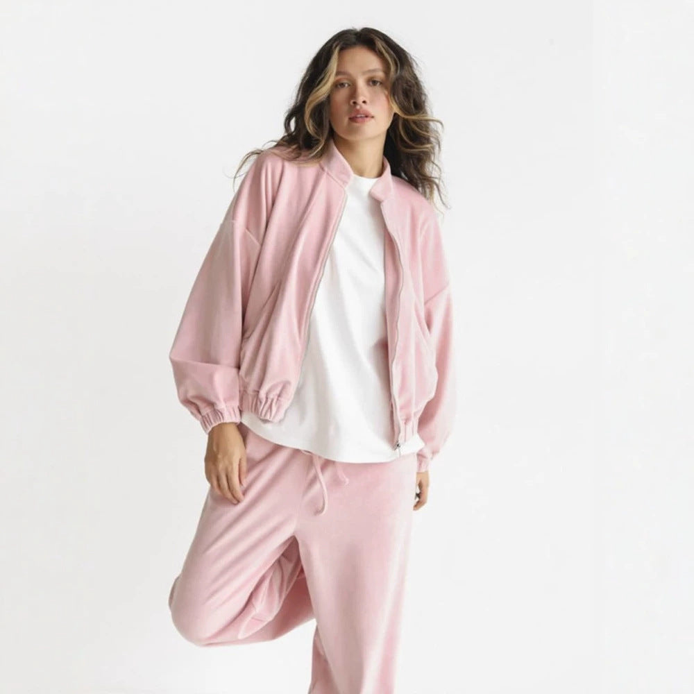 Damen ausgestelltes Velours-Jogginganzug-Set mit kurzer Reißverschlussjacke und hochtaillierter Kordelhose – Avérine