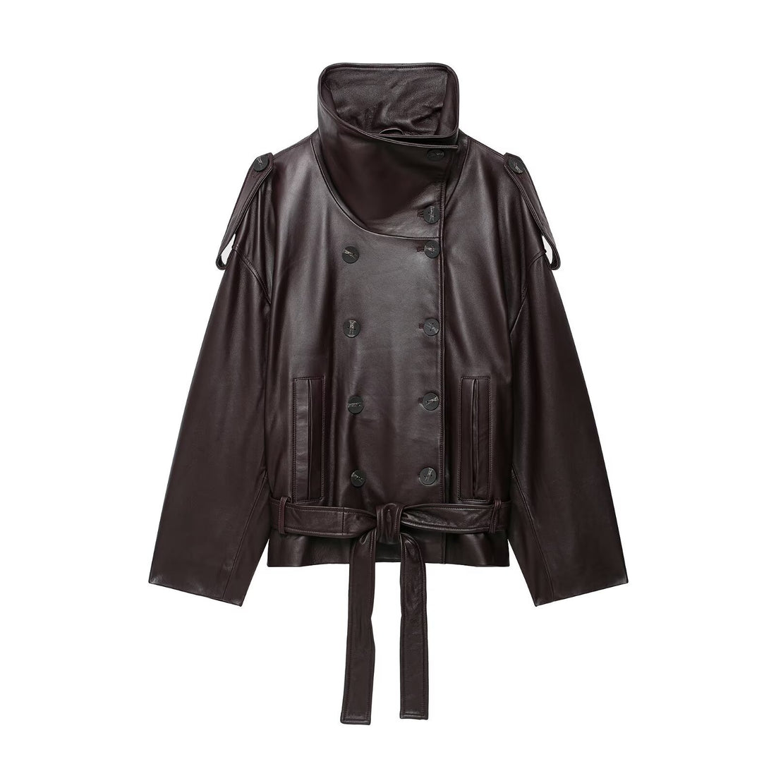 Damen Kurze Leder-Trenchcoat-Jacke mit hohem Stehkragen, doppelreihiger Knopfleiste und Taillengürtel Echoarchiv