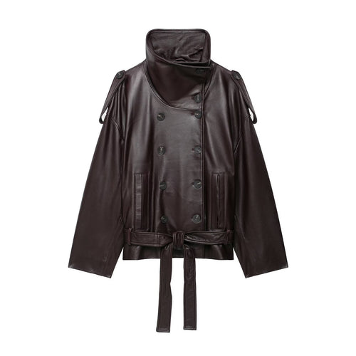 Damen Kurze Leder-Trenchcoat-Jacke mit hohem Stehkragen, doppelreihiger Knopfleiste und Taillengürtel Echoarchiv
