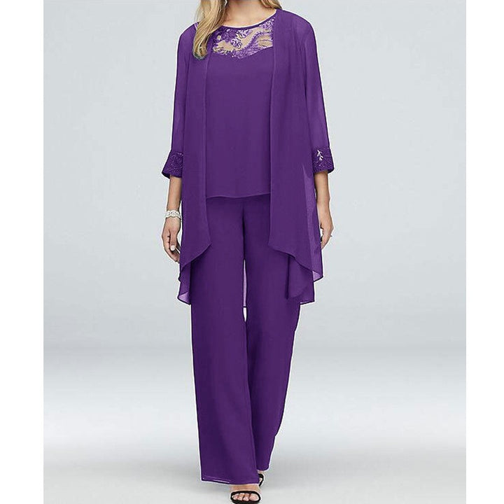 Damen nan fließendes Chiffon-Abendensemble mit Spitzenbesatz, Kimono-Cardigan und weiter Palazzohose Echo Archiv