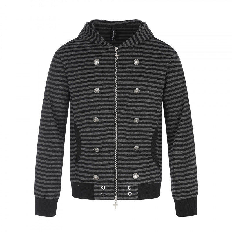 Unisex Gestreifte Kapuzen‑Zipjacke im doppelreihigen Look mit Metallknöpfen Echo Archiv