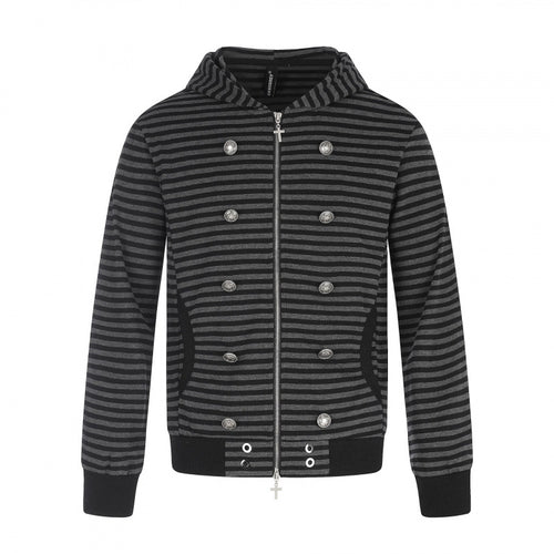 Unisex Gestreifte Kapuzen‑Zipjacke im doppelreihigen Look mit Metallknöpfen Echo Archiv