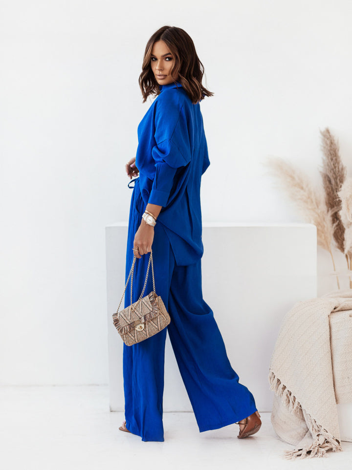 Damen Zweiteiliges Leinenoptik-Set aus Oversize-Hemd mit Bindegürtel und weiter Palazzo-Hose Echoarchiv
