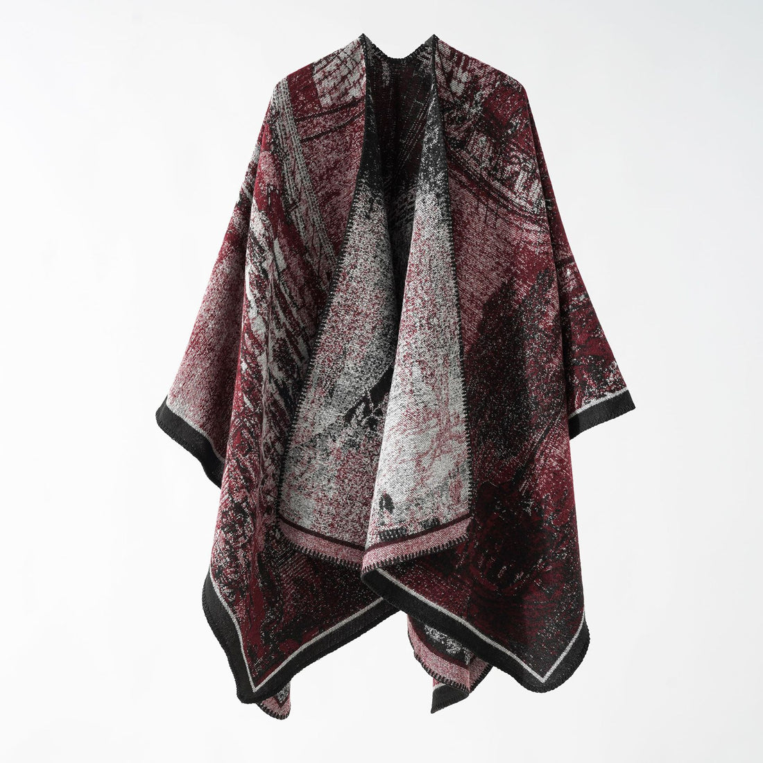 Damen Jacquard-Poncho-Überwurf mit weitem Kimono-Fall und softem Wollmix – Célinea