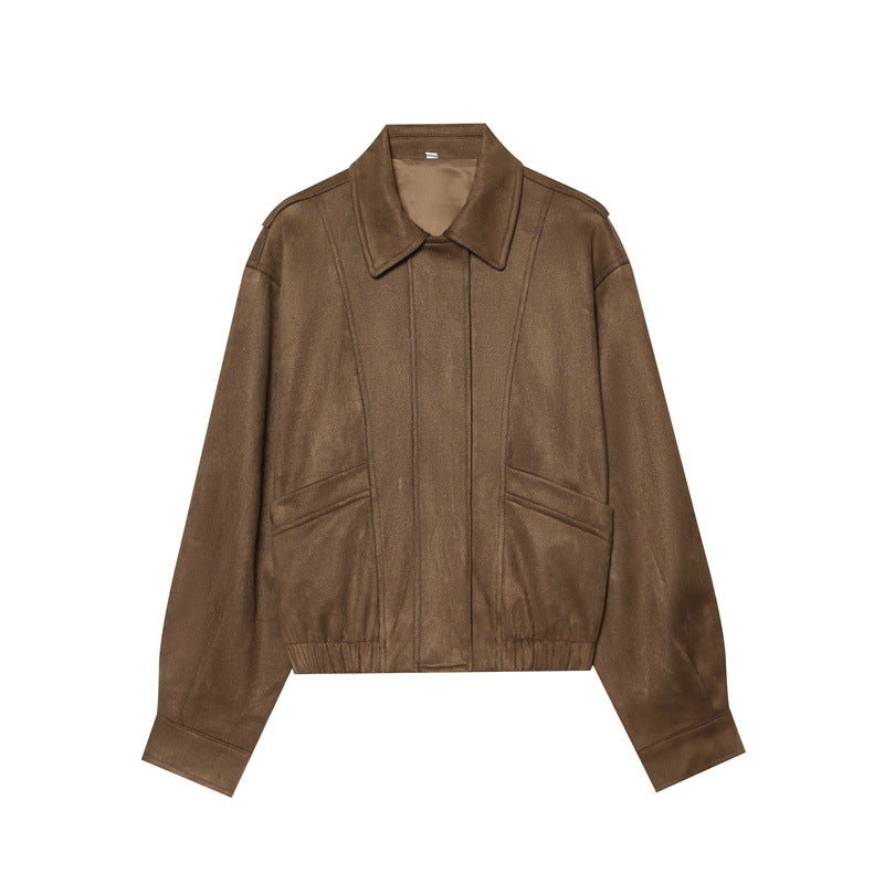 Damen kastige vegane Lederblousonjacke mit Hemdkragen, verdeckter Frontleiste und elastischem Saum – Célinea