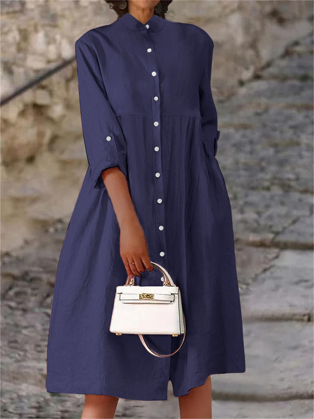 Damen Oversize Midi Kleid im Leinen-Look mit Stehkragen, Knopfleiste und Seiten Taschen – Élara