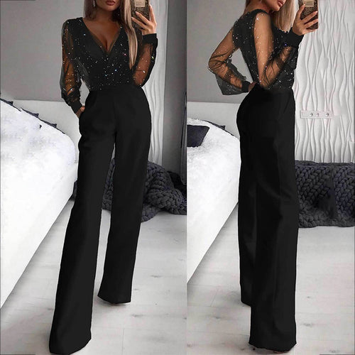 Damen Eleganter Jumpsuit mit transparenten Ärmeln und funkelnden Details Echo Archiv