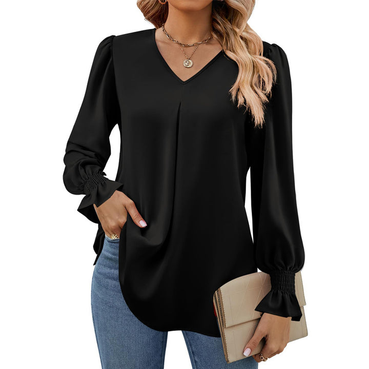 Damen V-Ausschnitt Bluse mit Kellerfalte und gerafften Manschetten – Avérine