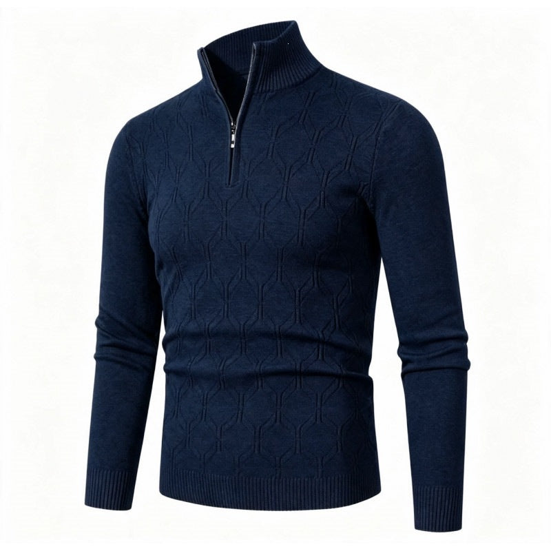Herren Figurbetonter Stehkragenpullover mit halbem Reißverschluss und geometrischem Strukturstrick Echo Archiv