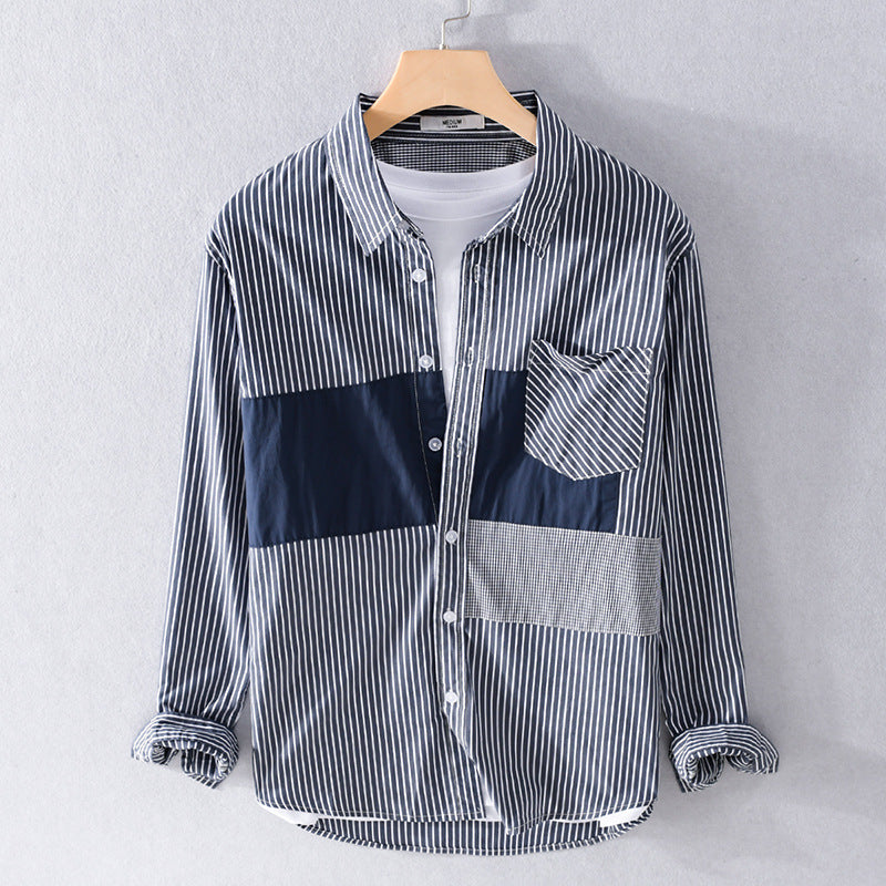 Herren Gestreiftes Overshirt mit Farbblock‑Einsätzen und aufgesetzter Brusttasche Echoarchiv