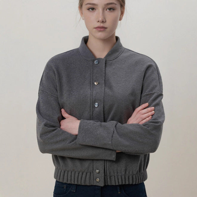 Damen kuschelige Fleece-Bomberjacke mit Stehkragen Rippbund und Druckknopfleiste – Avenza