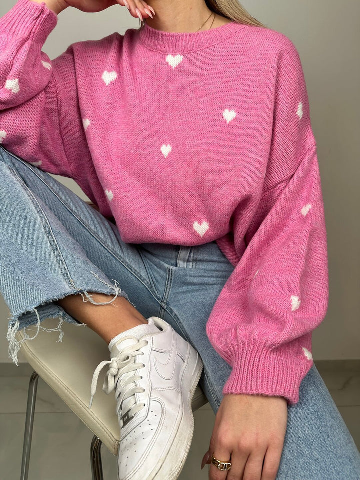 Damen nan oversized Strickpullover mit Herzintarsien und Ballonärmeln Echo Archiv