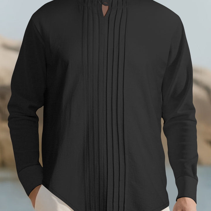 Herren Leichtes Langarmshirt im Leinenlook mit Stehkragen, Kellerfalten und Schlaufenverschluss Echoarchiv