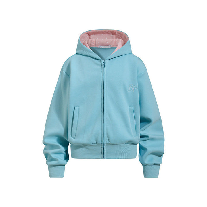 Damen Gekürzte Kapuzen-Sweatjacke mit Reißverschluss, gefütterter Kapuze und Rippbündchen Echoarchiv