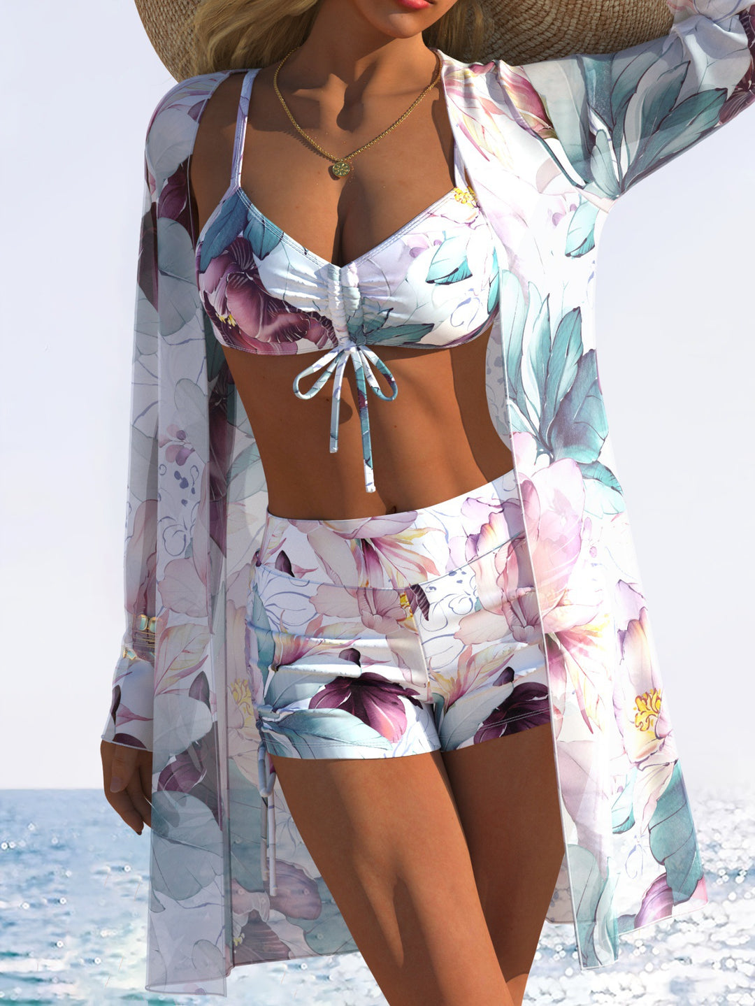 Damen Bikiniset mit floralem Design und schwingendem Kimono Echo Archiv