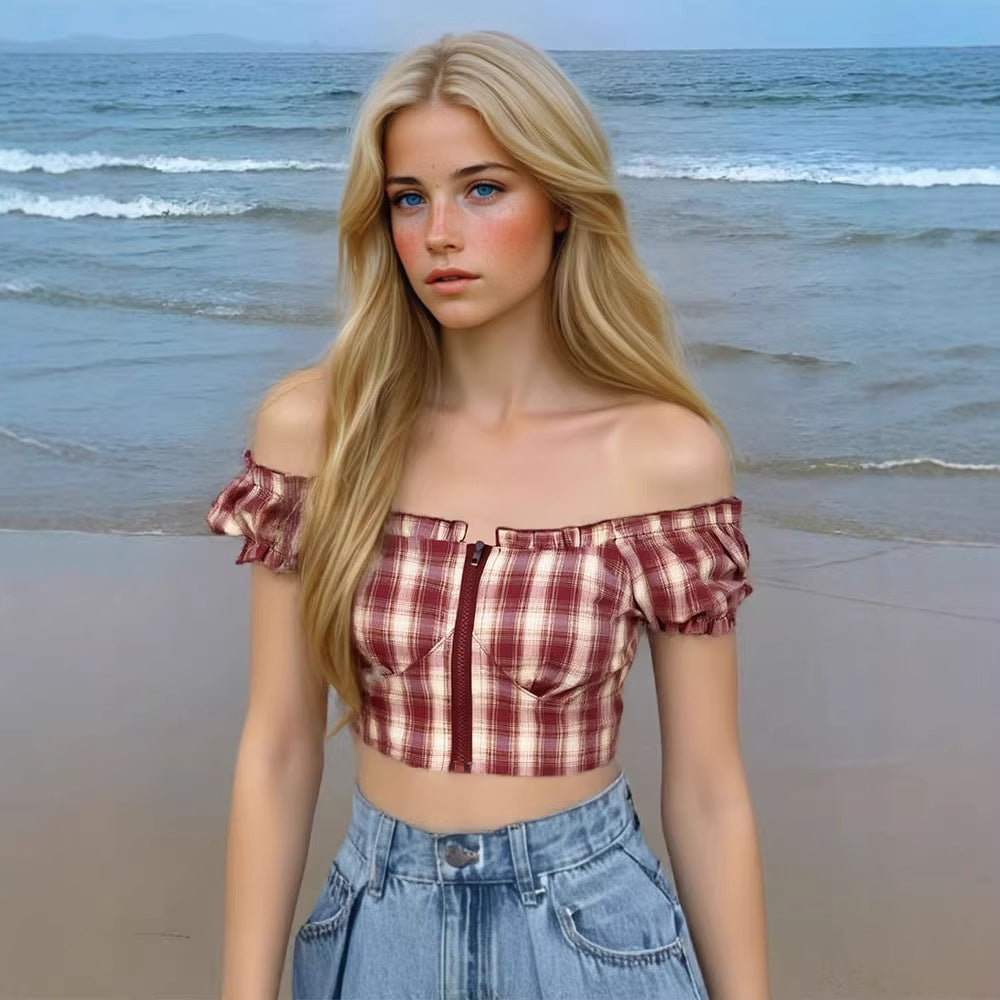 Damen Cropped Bluse mit Puffärmeln und Reißverschluss Echo Archiv