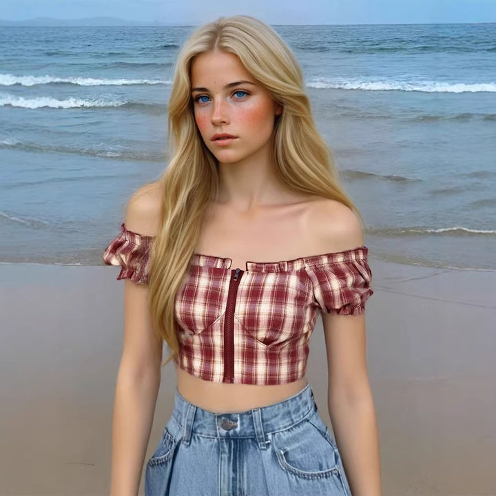 Damen Cropped Bluse mit Puffärmeln und Reißverschluss Echo Archiv