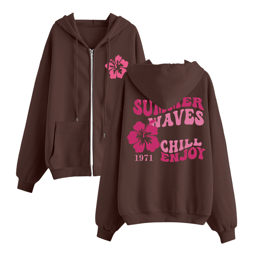 Damen entspannter Zip-Hoodie mit tropischem Hibiskus-Print, Kängurutaschen und gerippten Bündchen – Auréline