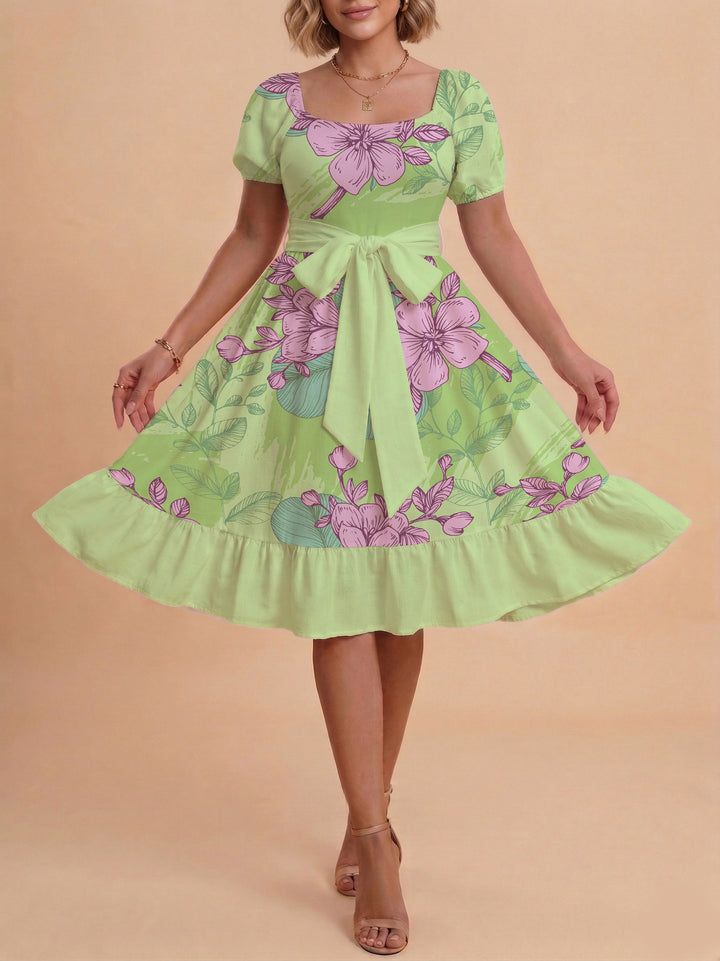 Damen Blumenkleid mit taillierbarem Gürtel und voluminösen Ärmeln Echo Archiv