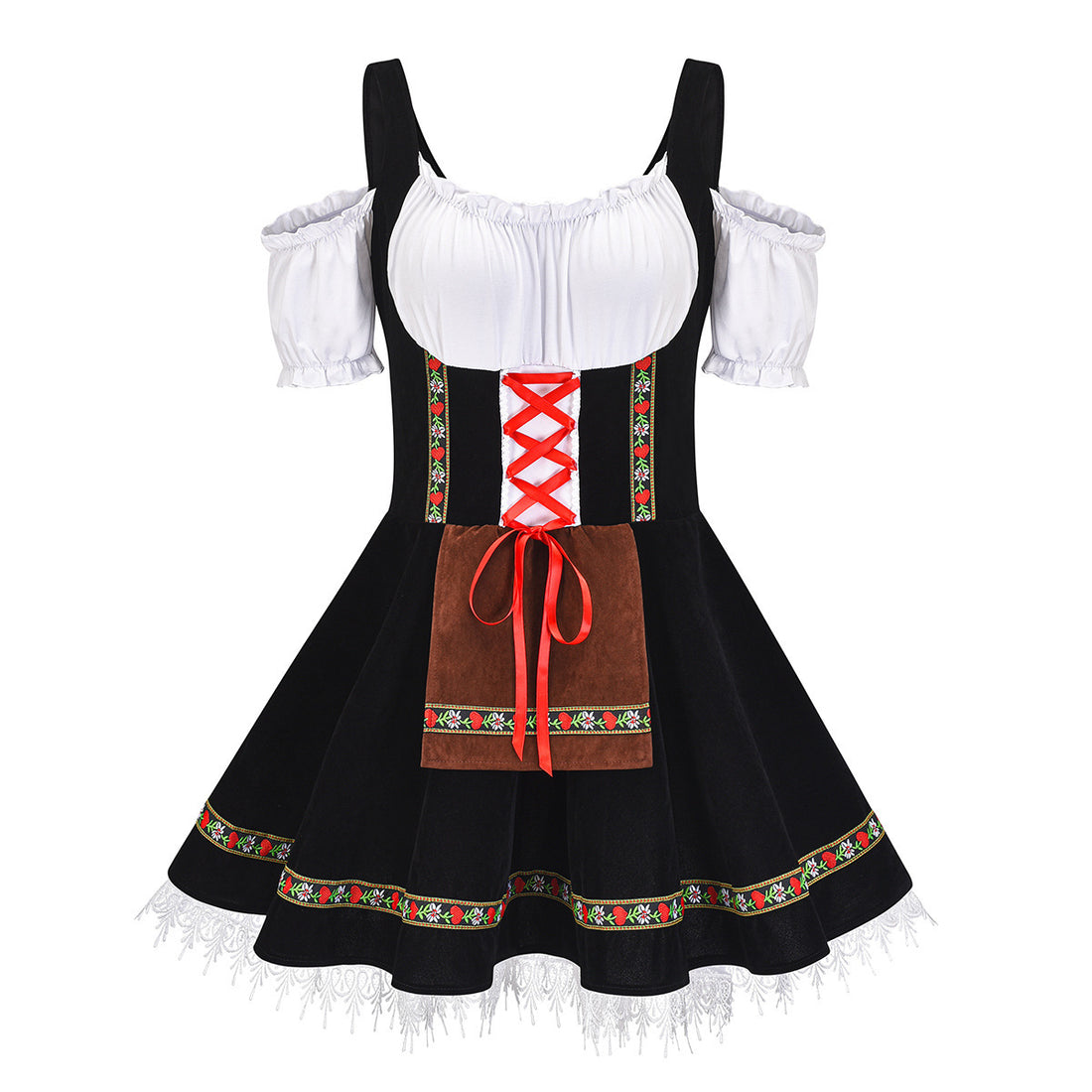 Damen kurzes Trachtenkleid mit Carmen-Ausschnitt, geschnürtem Mieder und bestickter Schürze – Élara