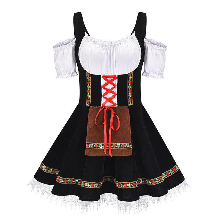 Damen nan kurzes Trachtenkleid mit Carmen-Ausschnitt, geschnürtem Mieder und bestickter Schürze Echo Archiv