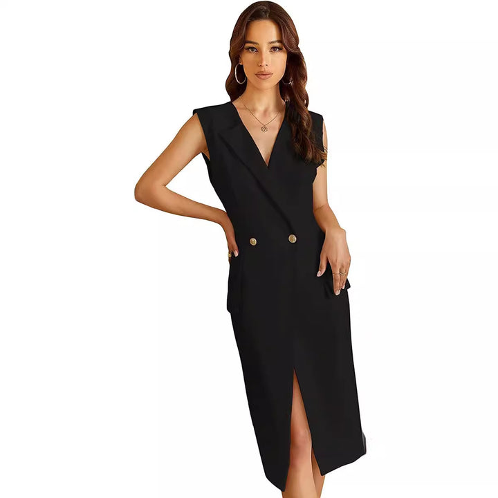 Damen Ärmelloses Blazerkleid im Tailoring mit tiefem V‑Ausschnitt, Doppelreihe und Vorderbeinschlitz Echoarchiv