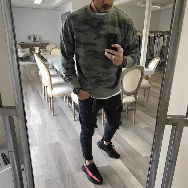 Herren Oversized Camouflage-Sweatshirt mit Rundhalsausschnitt und Rippbündchen Echoarchiv
