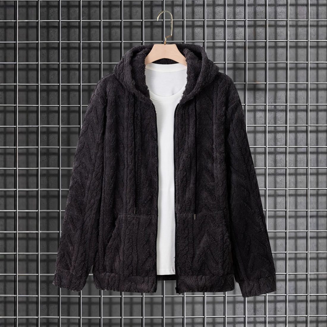 Herren kuschelige Kapuzenjacke aus Teddyfleece mit durchgehendem Reißverschluss und Kängurutaschen – Cavarno