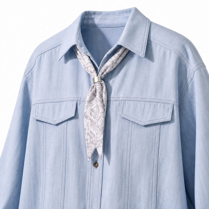 Damen Oversize-Chambray-Hemdbluse mit Ziernähten, Brustklappen & integriertem Halstuch Echoarchiv