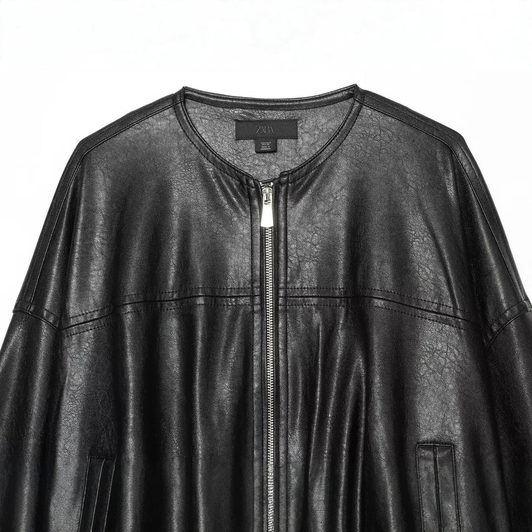 Damen Oversize Kunstleder-Blouson mit Rundhalsausschnitt, Reißverschluss und Eingrifftaschen Echo Archiv