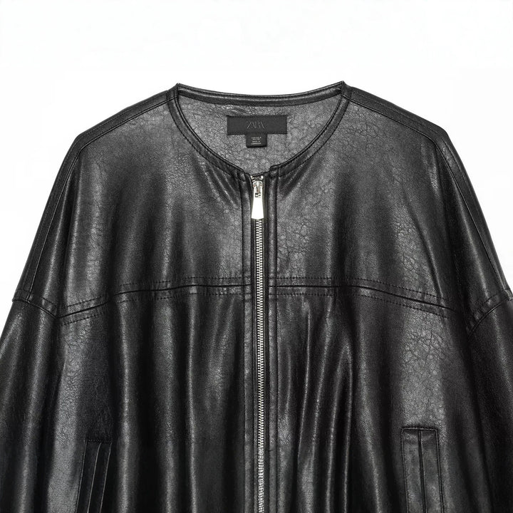 Damen Oversize Kunstleder-Blouson mit Rundhalsausschnitt, Reißverschluss und Eingrifftaschen Echo Archiv