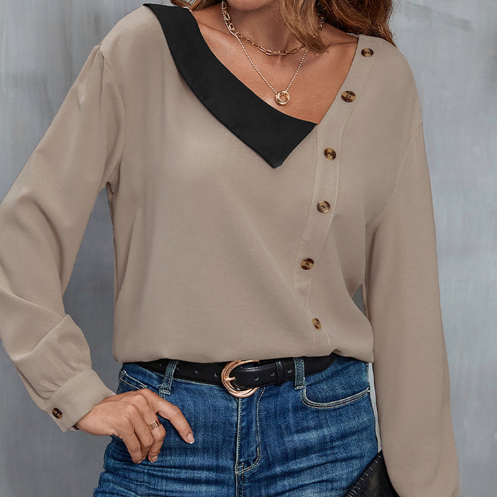 Damen Asymmetrische Hemdbluse mit kontrastiertem Kragen und dekorativer Knopfleiste Echoarchiv