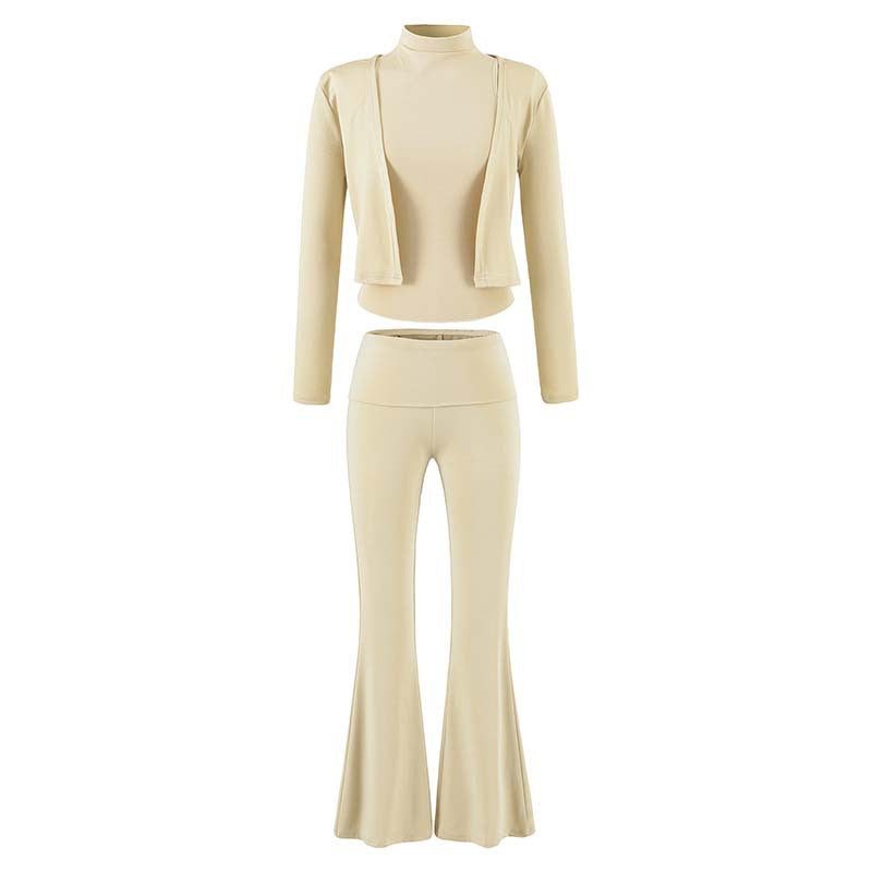 Damen Loungewear-Set mit Bolero, Rollkragen-Croptop und ausgestellter Schlaghose Echoarchiv