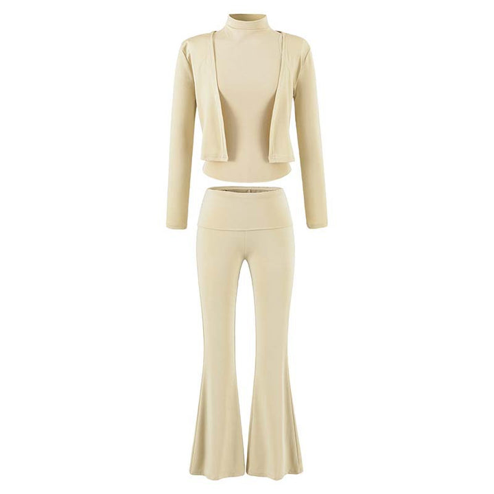 Damen Loungewear-Set mit Bolero, Rollkragen-Croptop und ausgestellter Schlaghose Echoarchiv