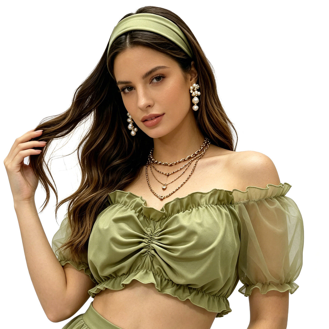Damen nan gerafftes Crop Top mit Carmenausschnitt und transparenten Organzaärmeln Echo Archiv