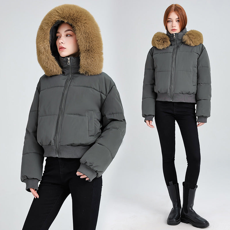 Damen Kurz-Bomber-Steppjacke mit abnehmbarem Plüschkragen und geripptem Saum Echo Archiv